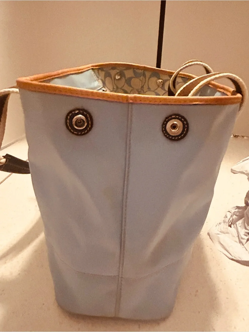 Light Blue Coach Tote with Brown Trim